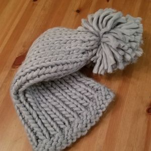Long Pale Blue Knitted Hat Pom Pom
